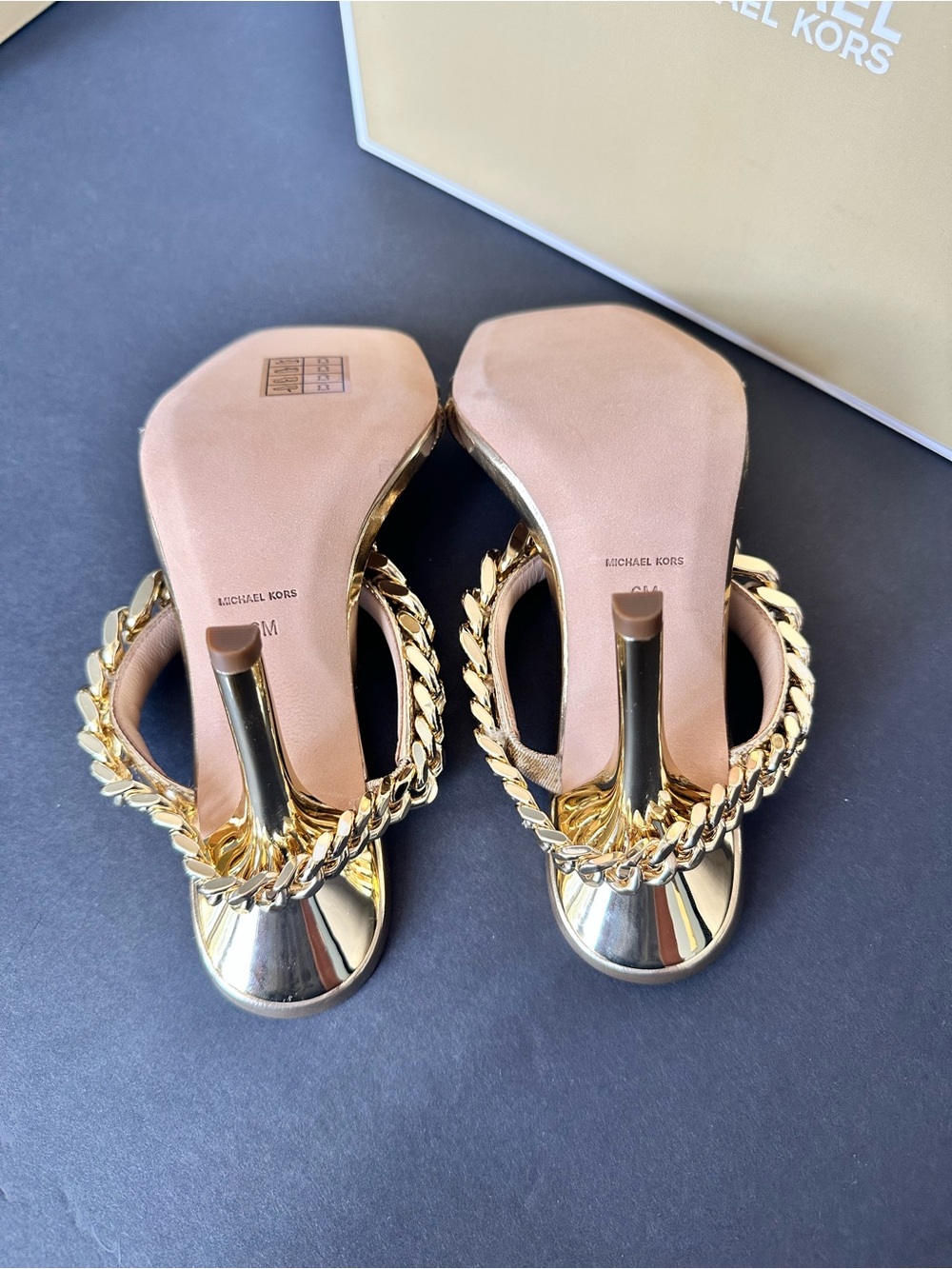 Michael Kors Metallic Gold Chain Strap High Heel Mules.  NEW WITH BOX - Picture 11 of 15